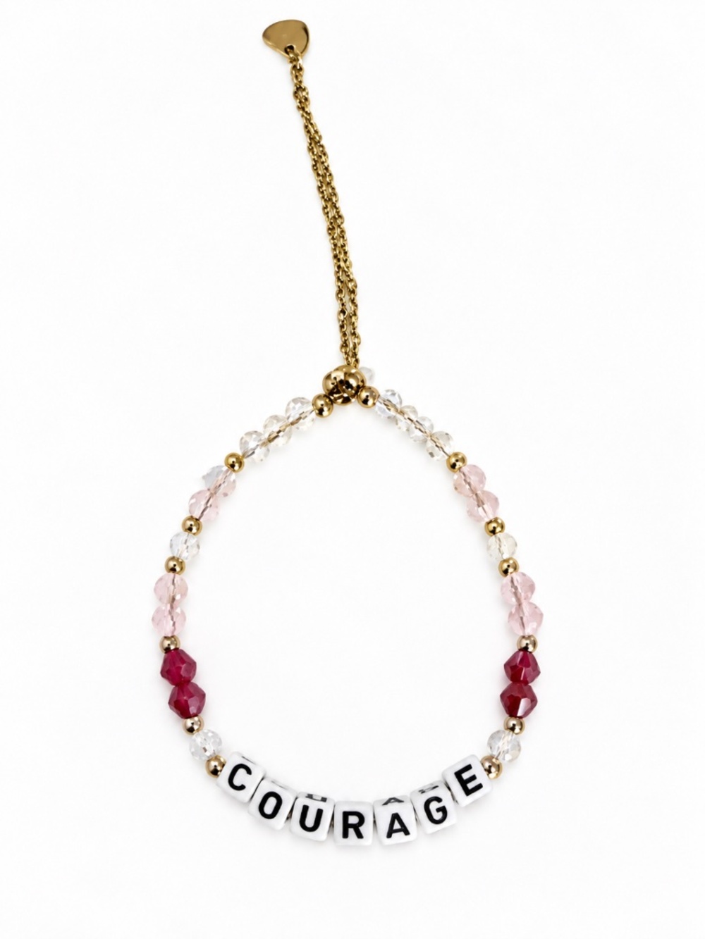 Courage Word Gold & Pink Beaded Heart Bolo Bracelet | Cancer Support Fundraiser